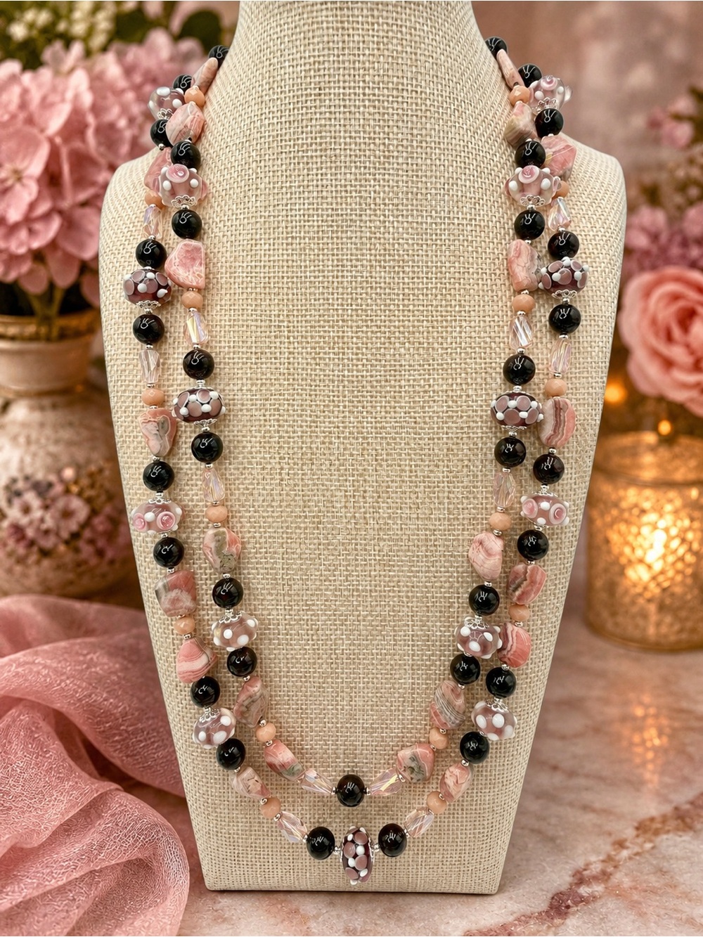 Artisan Rhodonite Garnet Lampwork Double Strand Sterling Clasp Necklace 22-24”